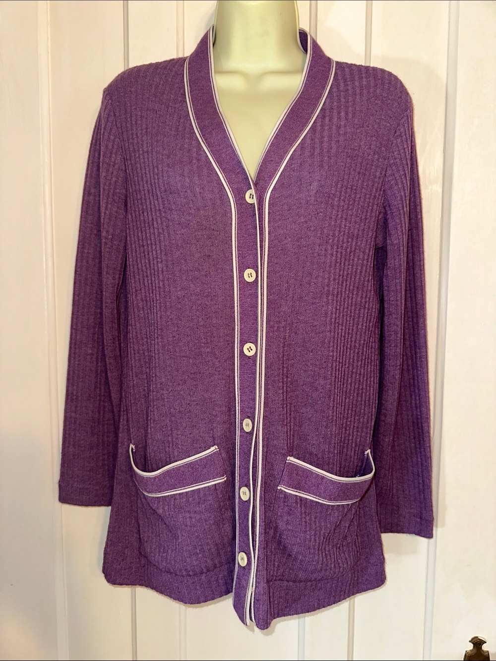 Vintage 70s Purple With White Trim Button-Front Long Ribbed Cardigan Sweater